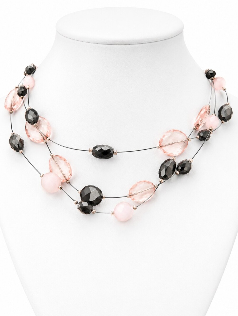 Vintage Multi Strand Pink Black Beaded Necklace Faceted Acrylic Statement Choker